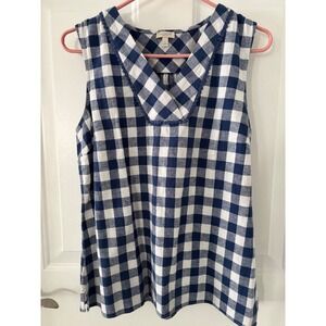 Talbots LP Blue Gingham Linen Blend Sleeveless V-Neck Pom Pom Trim Top